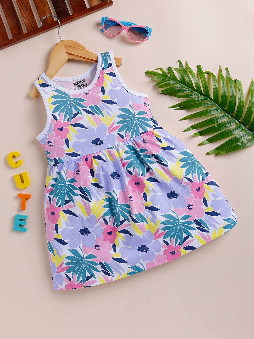

Happy Faces Floral Girls Cotton Print A-Line Dress, White