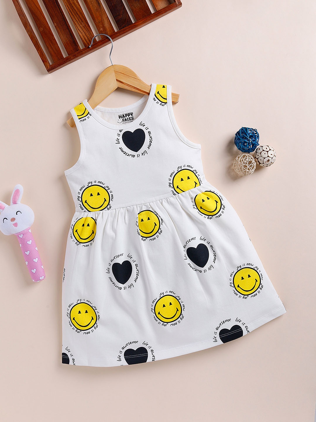 

Happy Faces Girls Cotton Print A-Line Dress, White