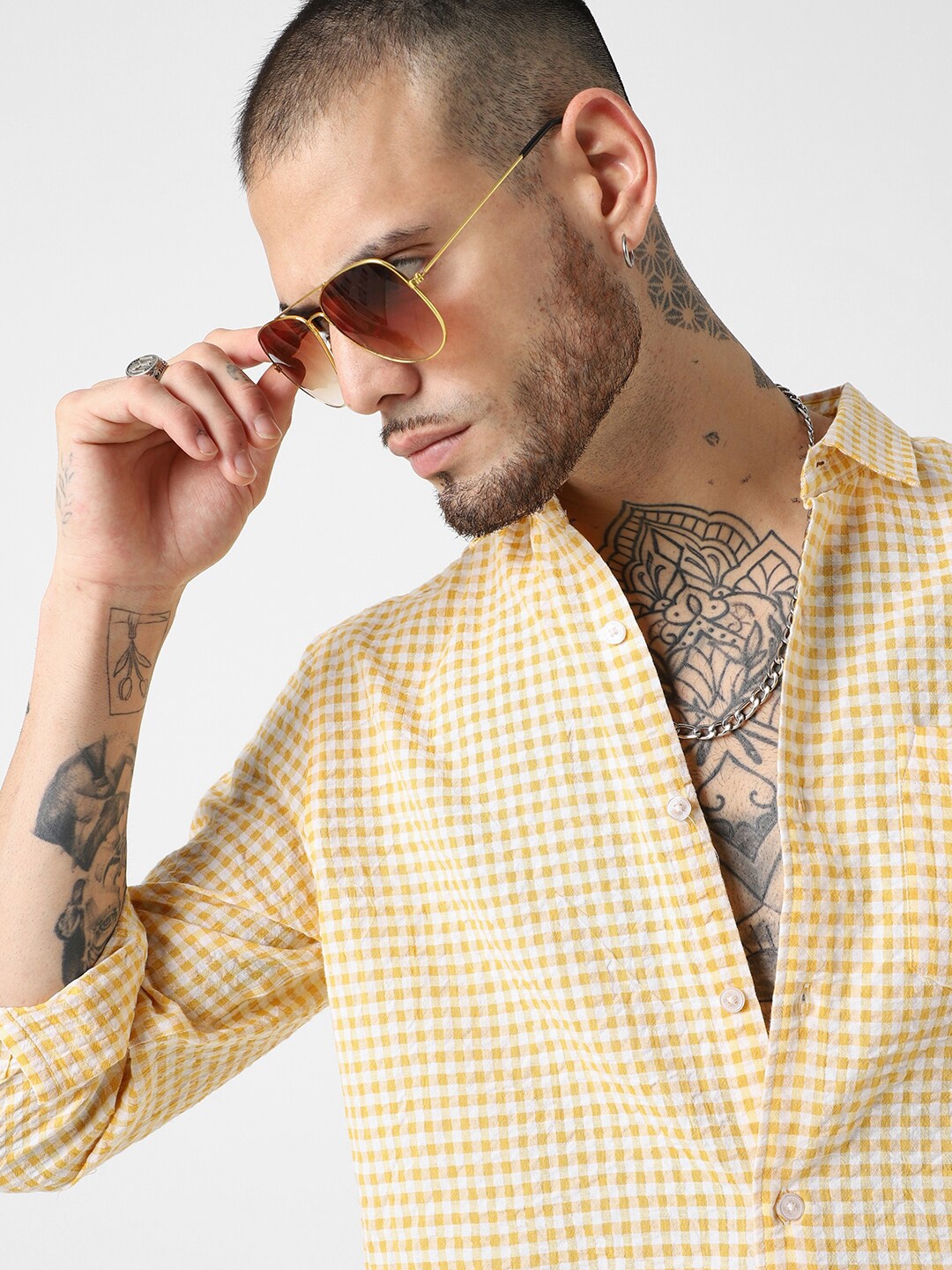 

VASTRADO Classic Slim Fit Gingham Checked Seersucker Weave Cotton Casual Shirt, Yellow
