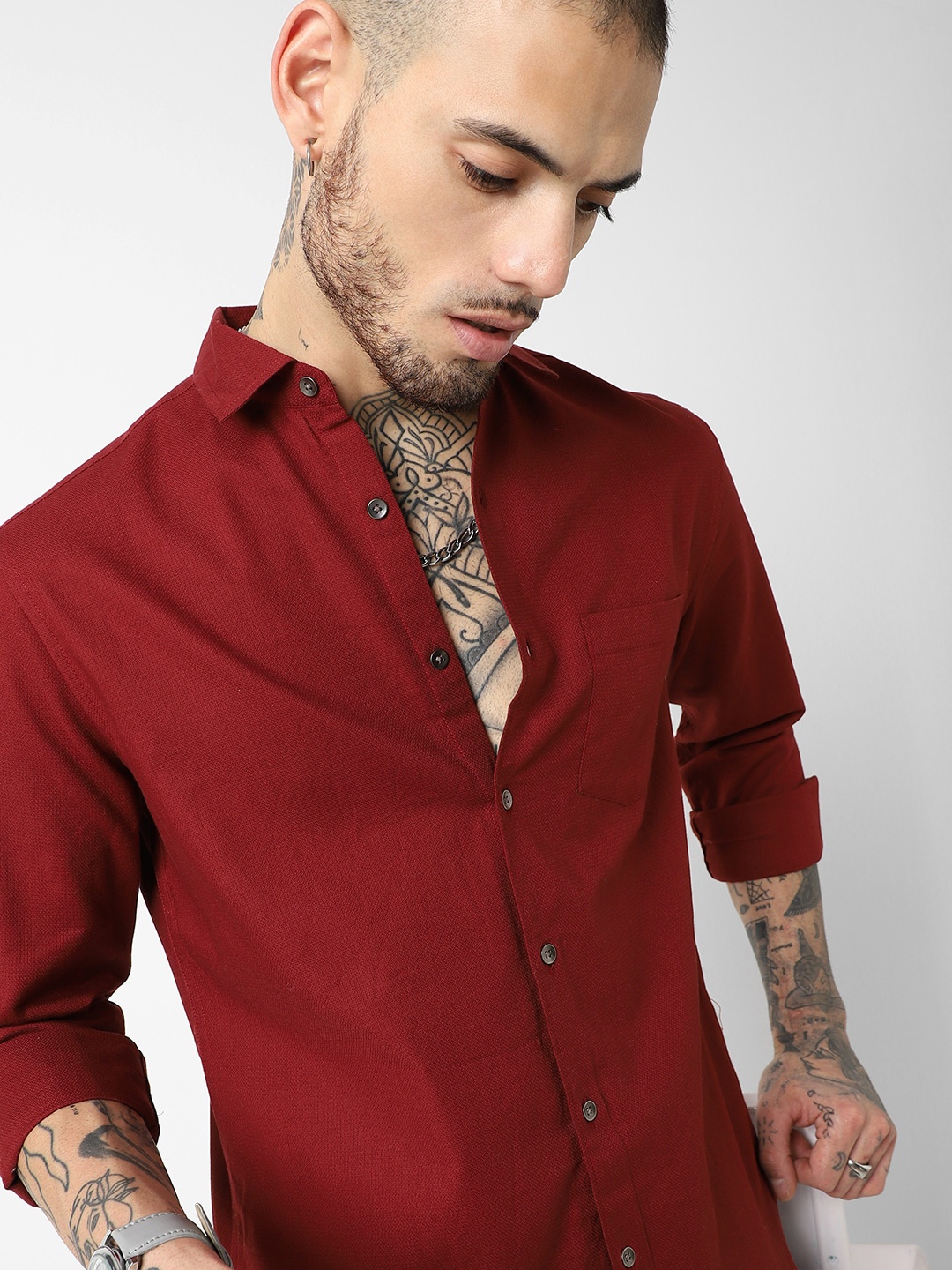 

VASTRADO Classic Slim Fit Long Sleeves Spread Collar Cotton Opaque Casual Shirt, Maroon