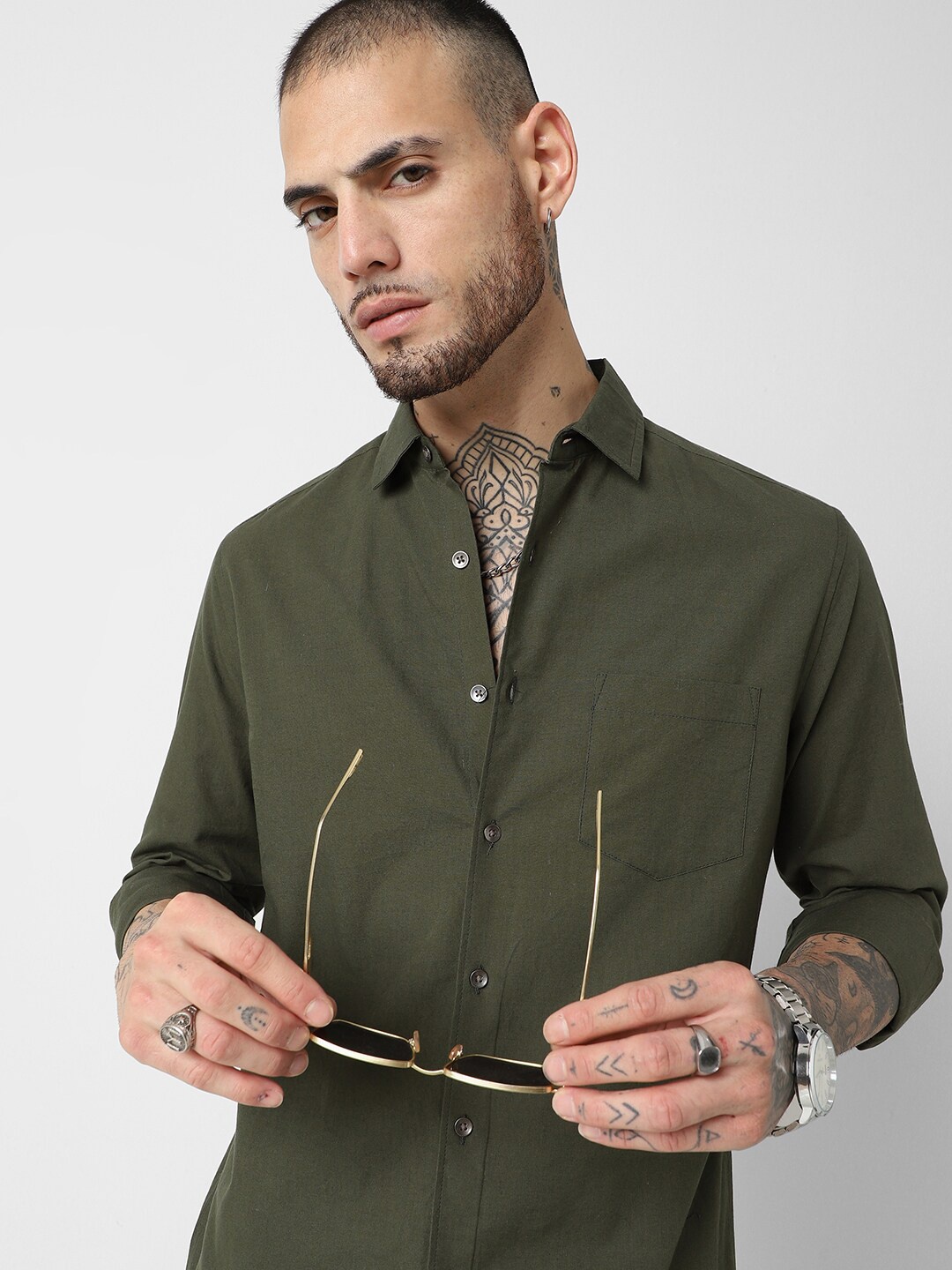 

VASTRADO Classic Slim Fit Long Sleeves Spread Collar Cotton Opaque Casual Shirt, Olive