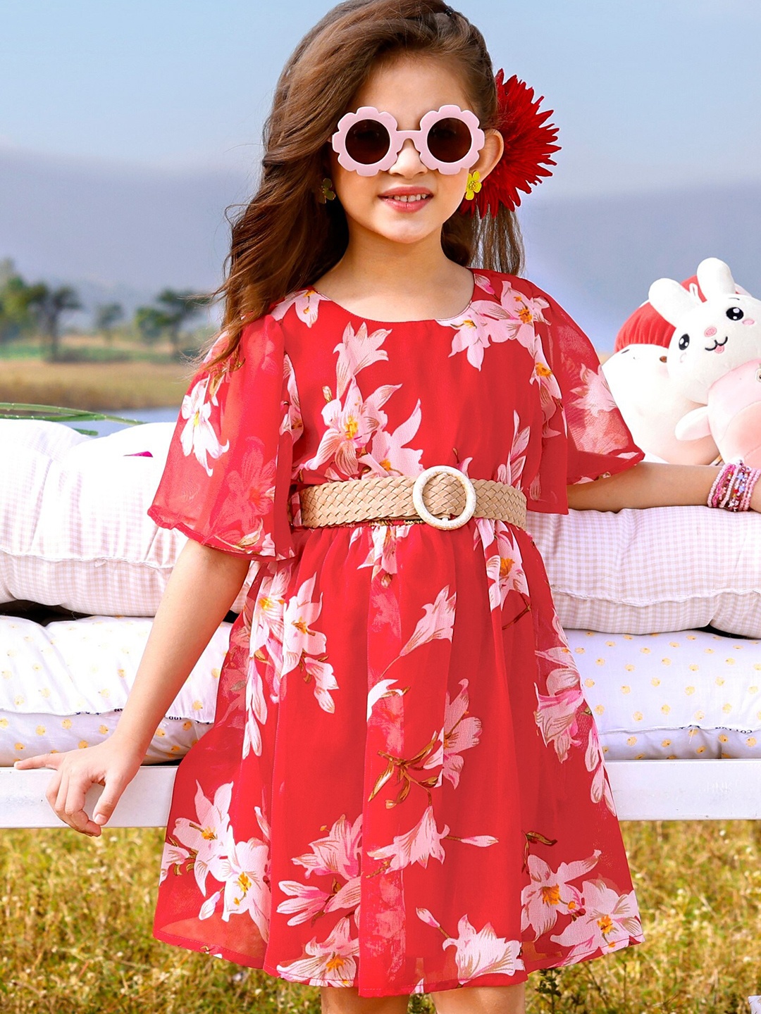 

Hola Bonita Girls Floral Printed Gathered A-Line Dress With Dress, Pink