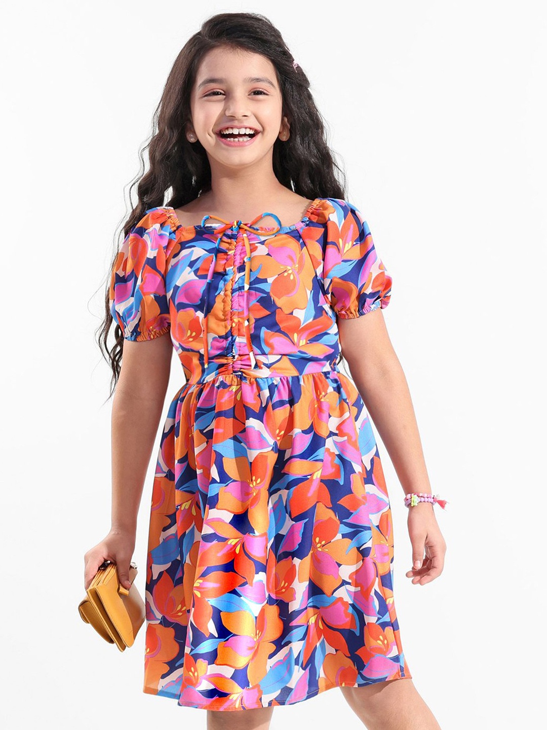 

Hola Bonita Girls Tie-Up Neck Abstract Printed Fit & Flare Dress, Multi