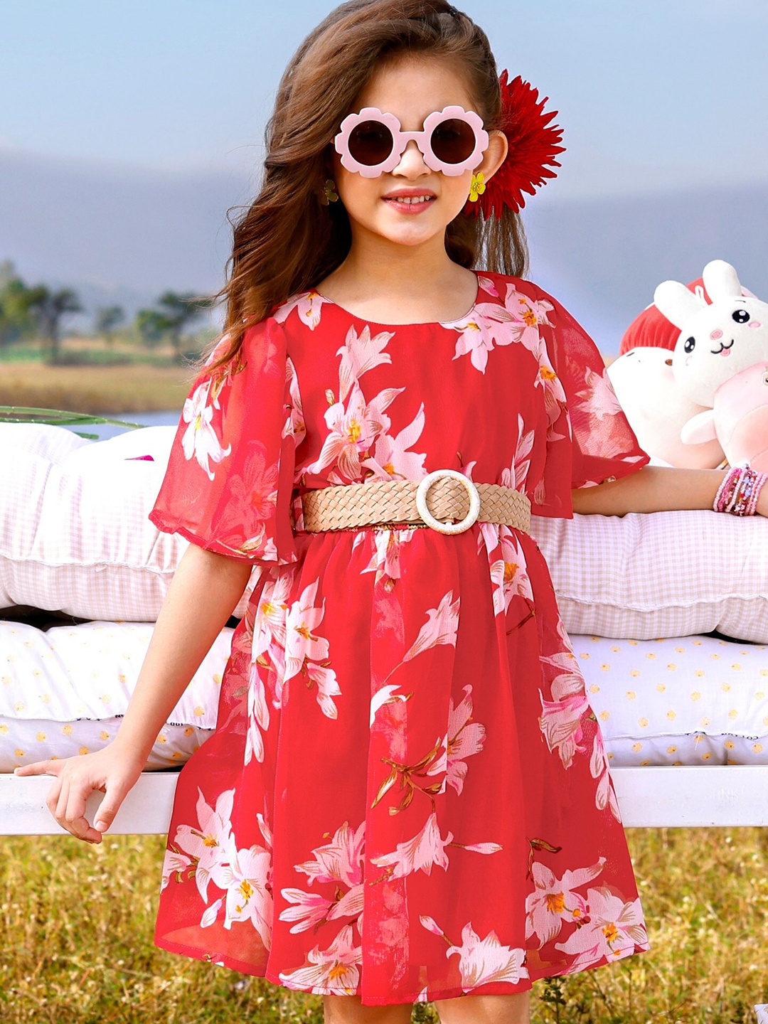 

Hola Bonita Girls Floral Printed Round Neck Flared Sleeves Fit & Flare Dress, Red