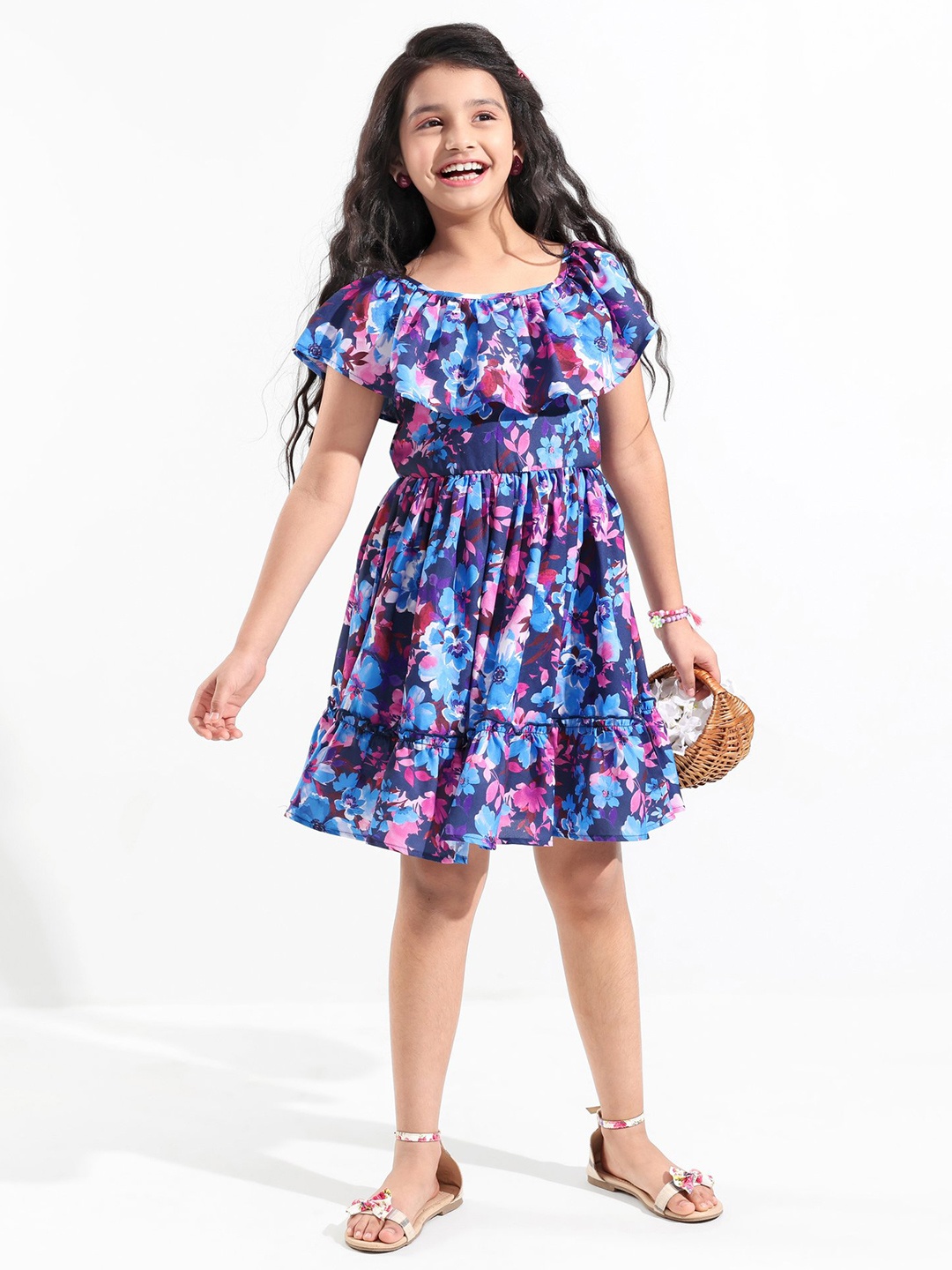

Hola Bonita Girls Floral Printed Georgette Tiered Fit & Flare Dress, Navy blue