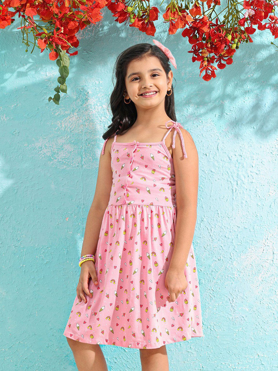 

Hola Bonita Girls Conversational Print Shoulder Straps Fit & Flare Cotton Dress, Pink