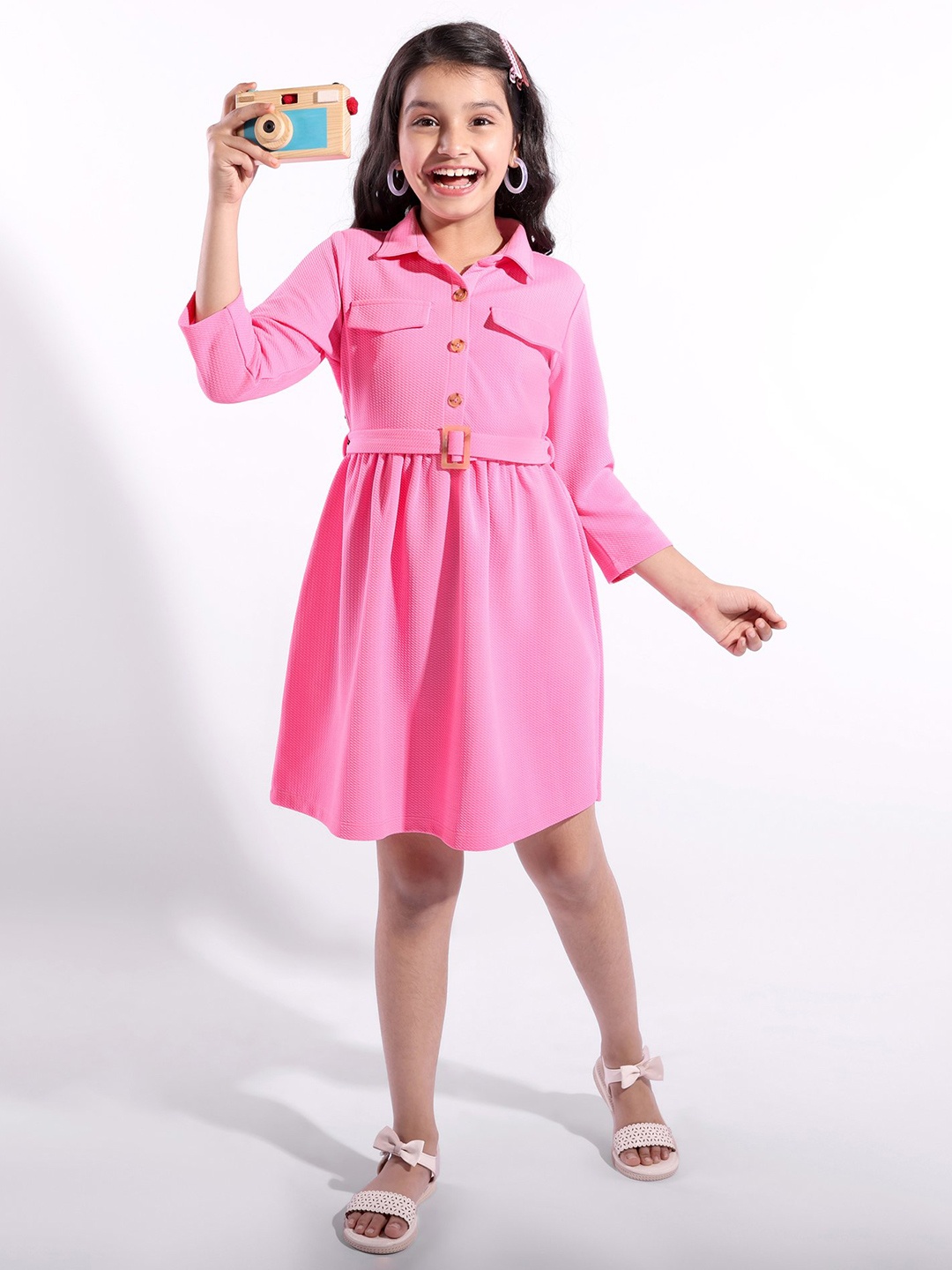 

Hola Bonita Girls Shirt Collar Belted Flared Fit & Flare Dress, Pink