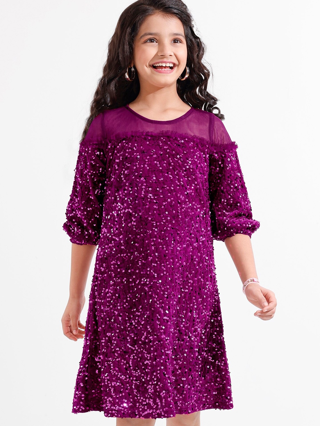 

Hola Bonita Girls Sequin Embellished Velvet A-Line Dress, Purple
