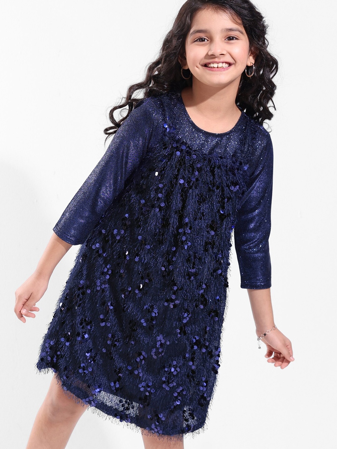 

Hola Bonita Girls Sequined Net A-Line Dress, Navy blue
