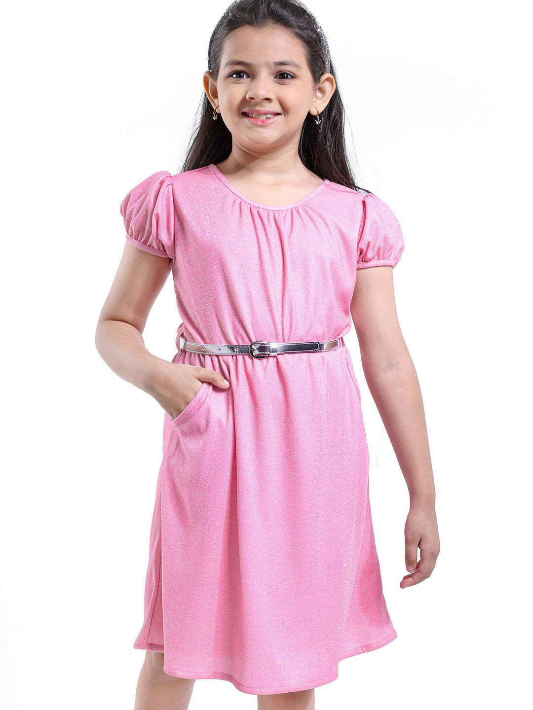 

Hola Bonita Girls Half Puff Sleeves Glitter A-Line Dress With Pockets, Pink