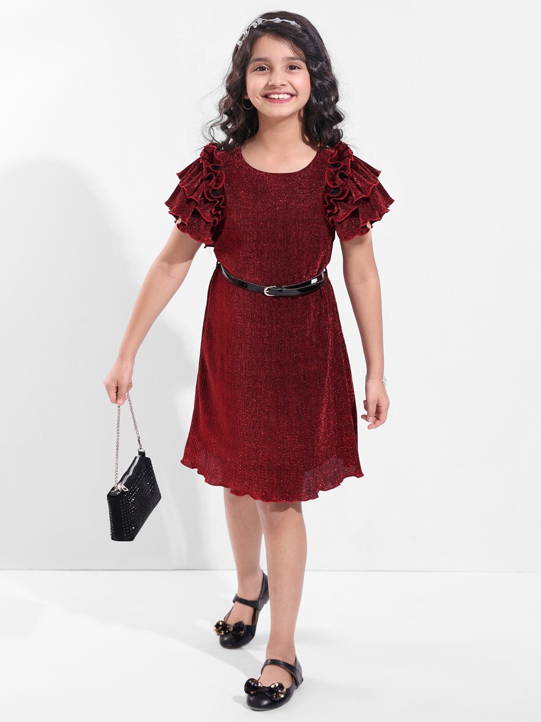 

Hola Bonita Girls Self Design Flutter Sleeve Sheen A-Line Party Dress, Red