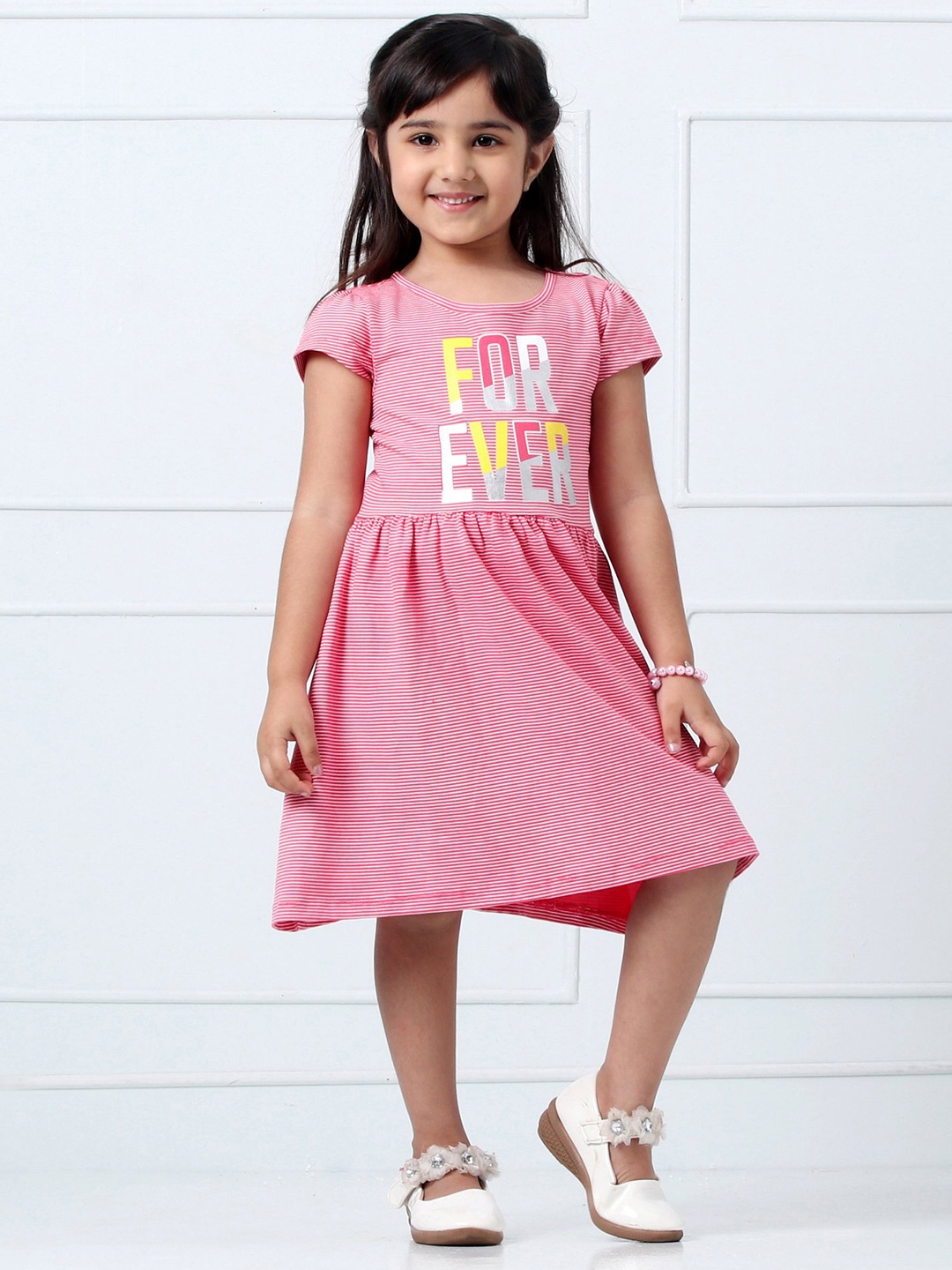 

Hola Bonita Girls Typography Striped Flared Round Neck Cotton A-Line Dress, Pink