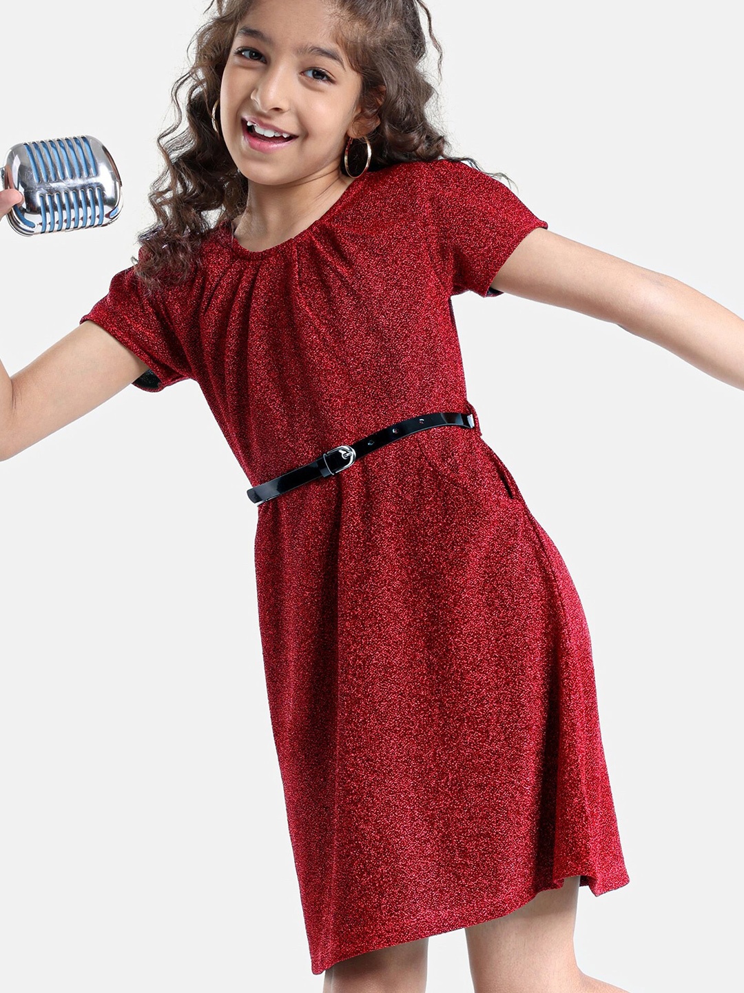 

Hola Bonita Girls Half Puff Sleeves Glitter Party A-Line Dress With Belt, Red