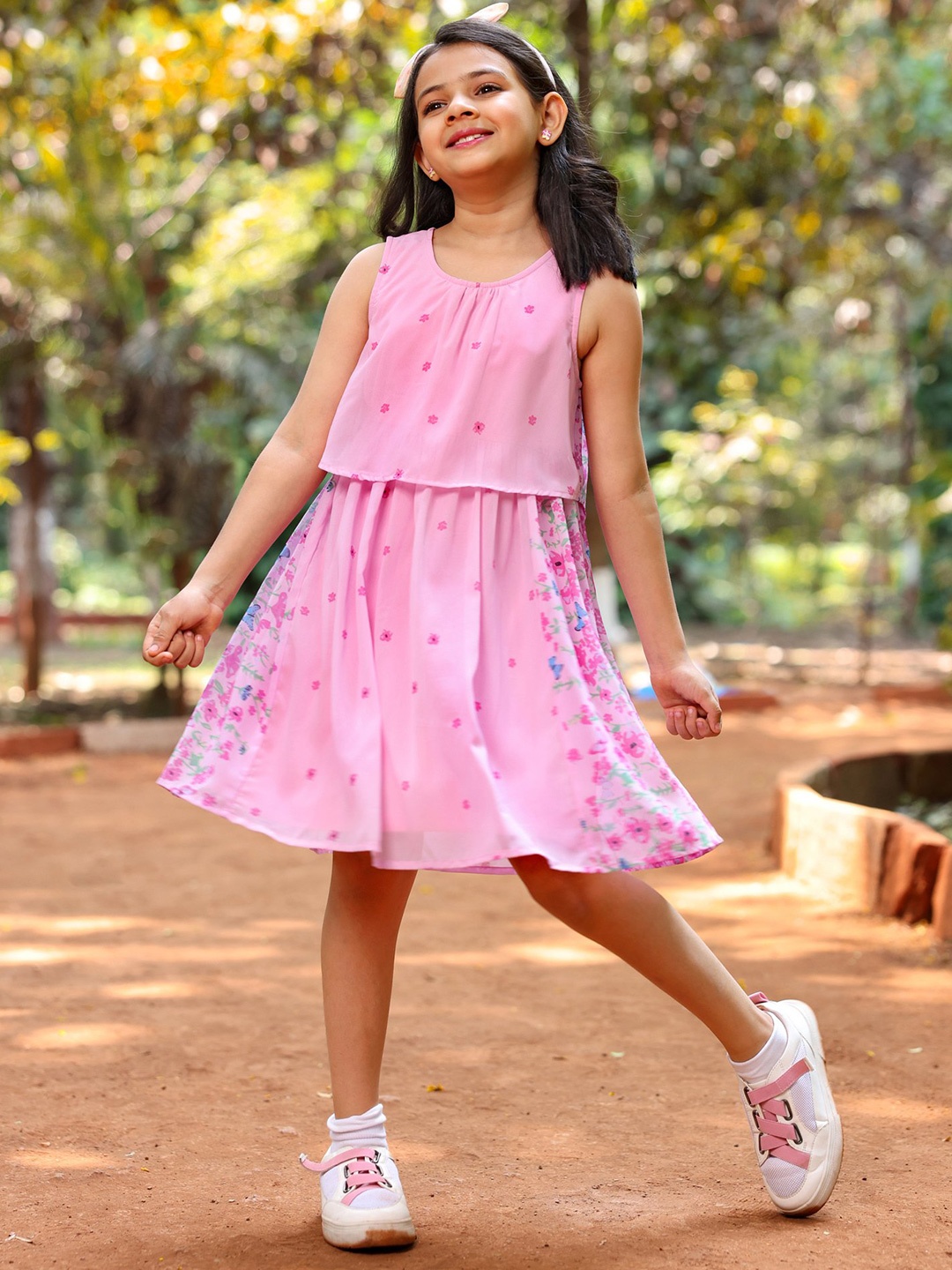 

Hola Bonita Girls Floral Printed Round Neck Sleeveless Flared A-Line Dress, Pink