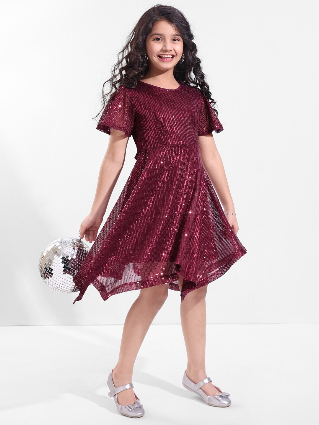 

Hola Bonita Girls Embellished Round Neck Short Bell Sleeves Net Fit & Flare Dress, Maroon