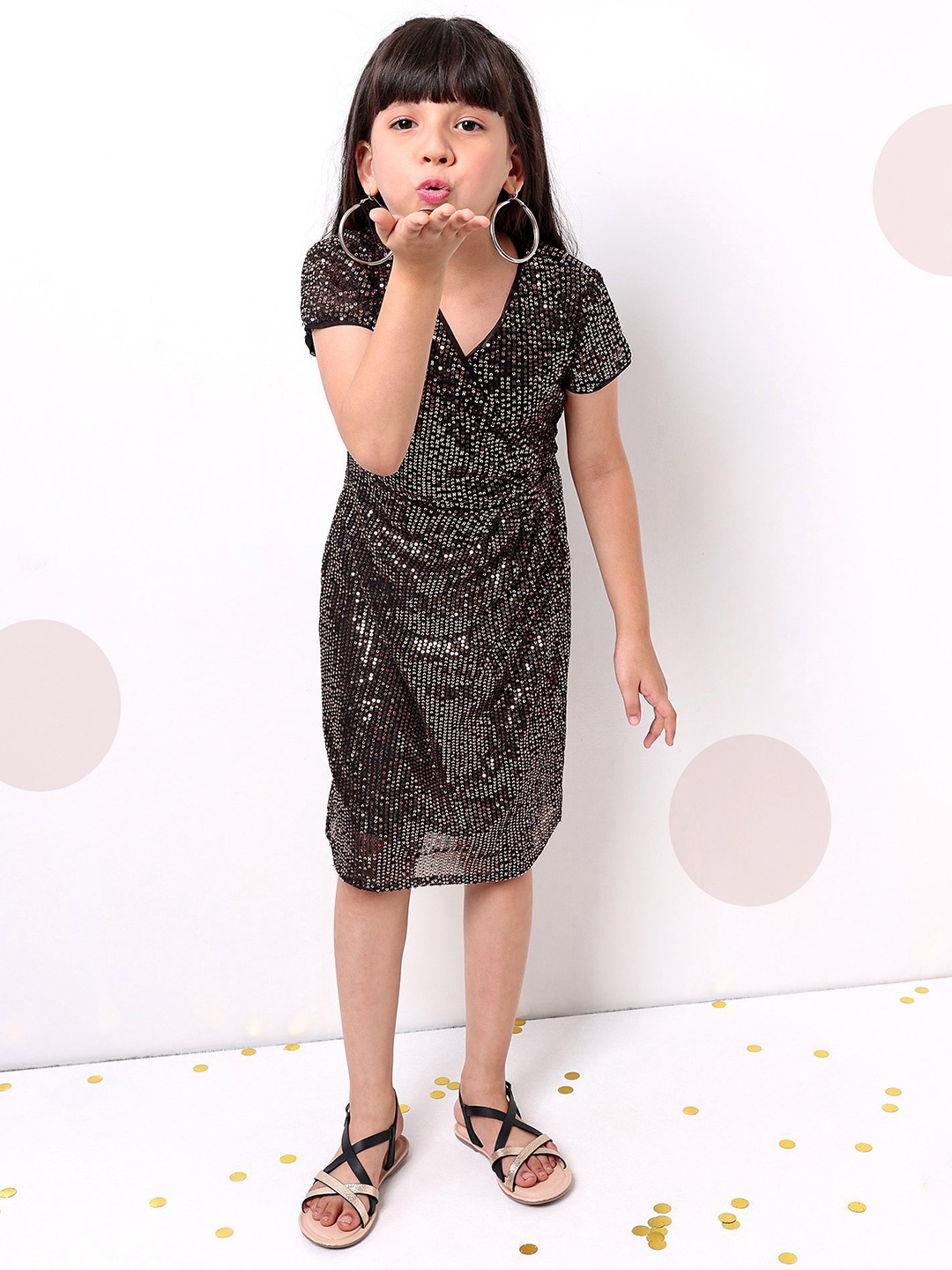 

Hola Bonita Girls V-Neck Semi Sheer Embellished Sequinned Net A-Line Dress, Black