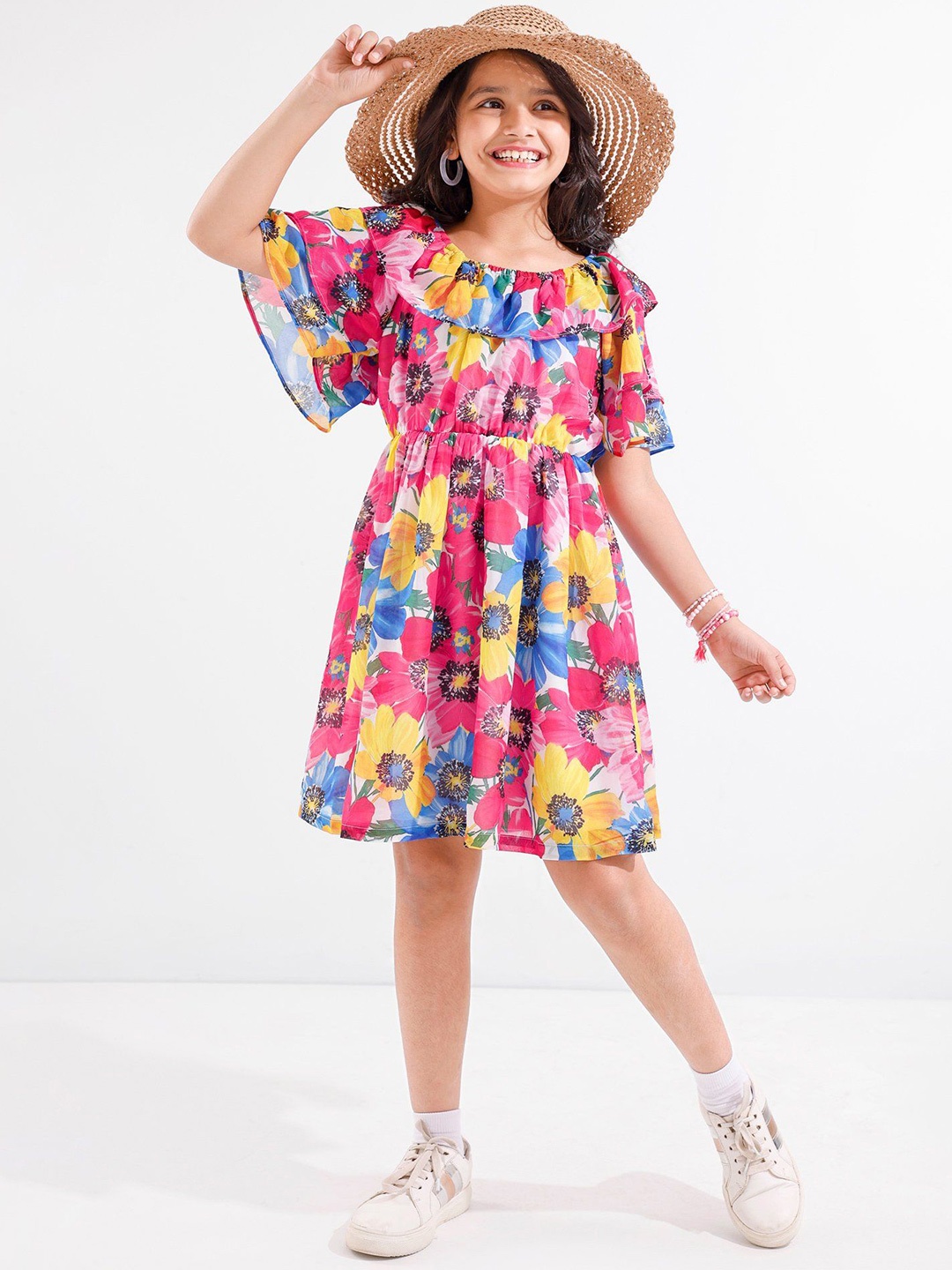 Hola Bonita Girls Floral Printed Flutter Sleeve Layered Georgette Fit & Flare Dress, Pink