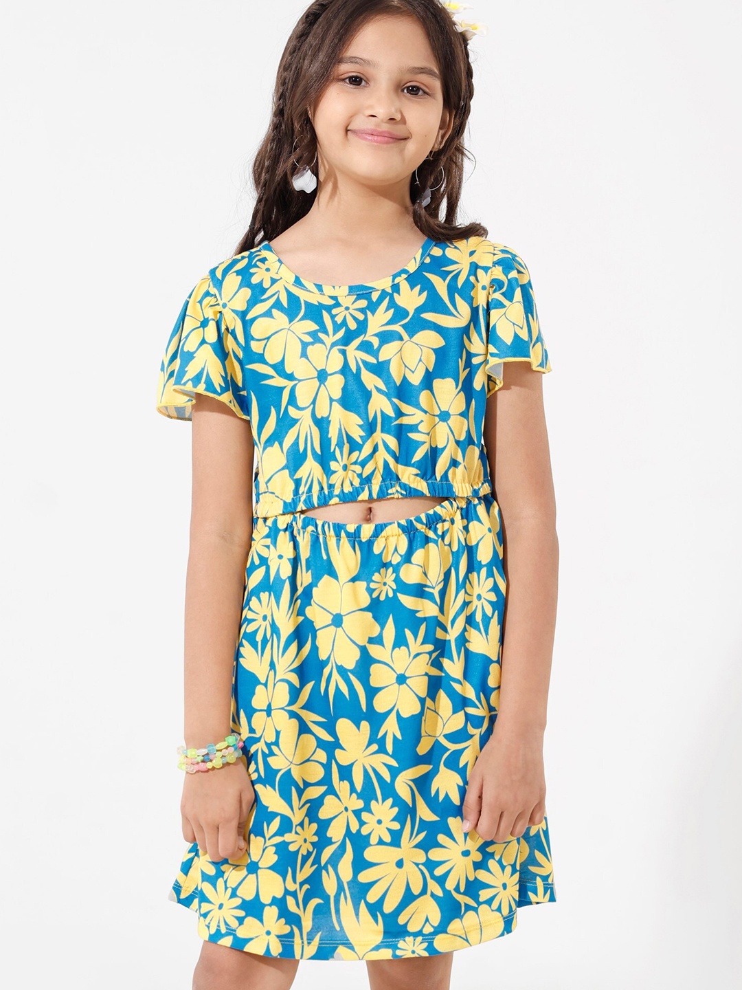 

Hola Bonita Girls Floral Printed Round Neck Flared Cut-Outs A-Line Dress, Blue