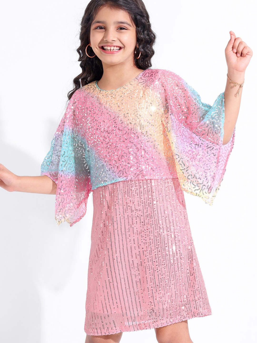 

Hola Bonita Girls Embellished Kimono Sleeve Layered Net Kaftan Dress, Pink