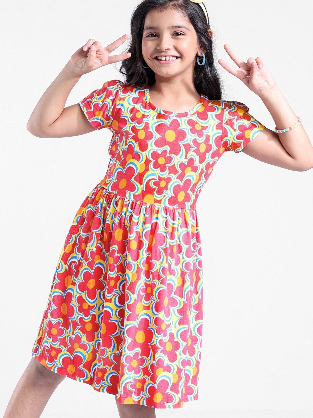 

Hola Bonita Girls Floral Print Round Neck Short Puff Sleeves Cotton Fit & Flare Dress, Fuchsia