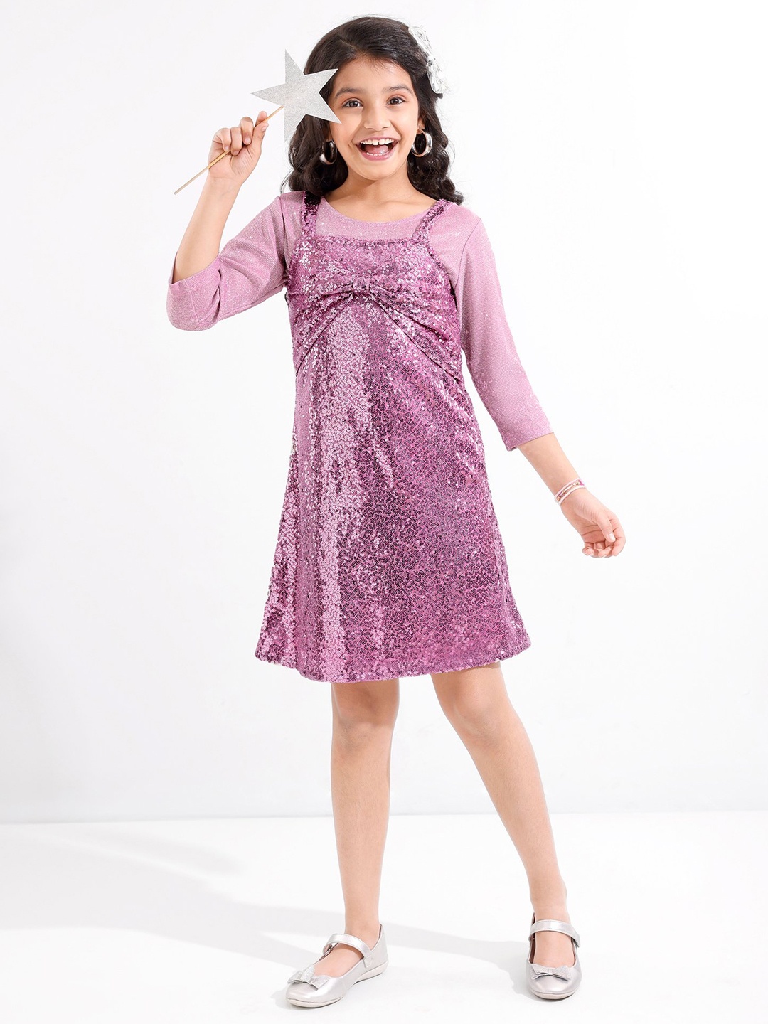 

Hola Bonita Girls Sequined Embellished A-Line Dress With T-shirt, Pink