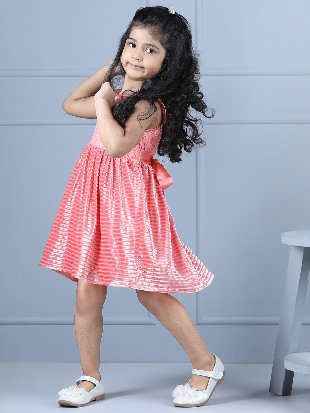 

Hola Bonita Girls Striped Round Neck Sleeveless Velvet Fit & Flare Dress, Coral