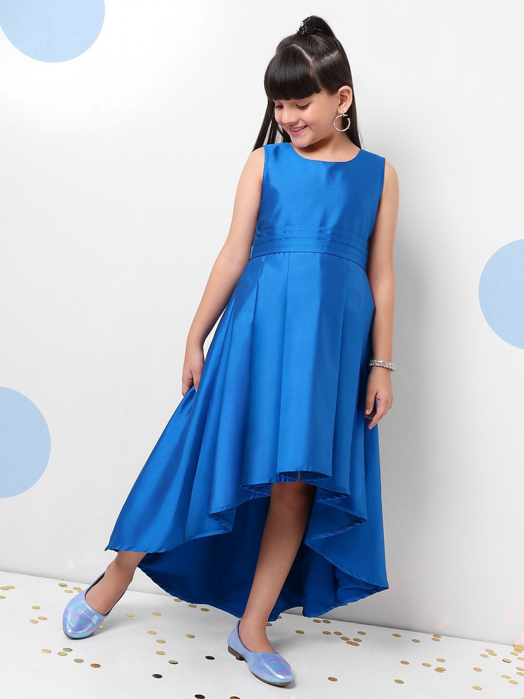 

Hola Bonita Girls Round Neck Sleeveless Fit & Flare Satin Maxi Dress, Blue