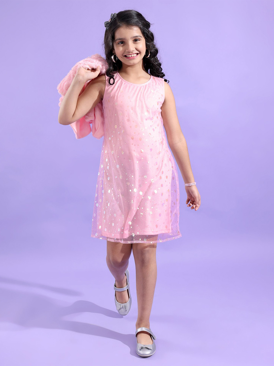 

Hola Bonita Girls Foil Printed A-Line Dress With Jacket, Pink