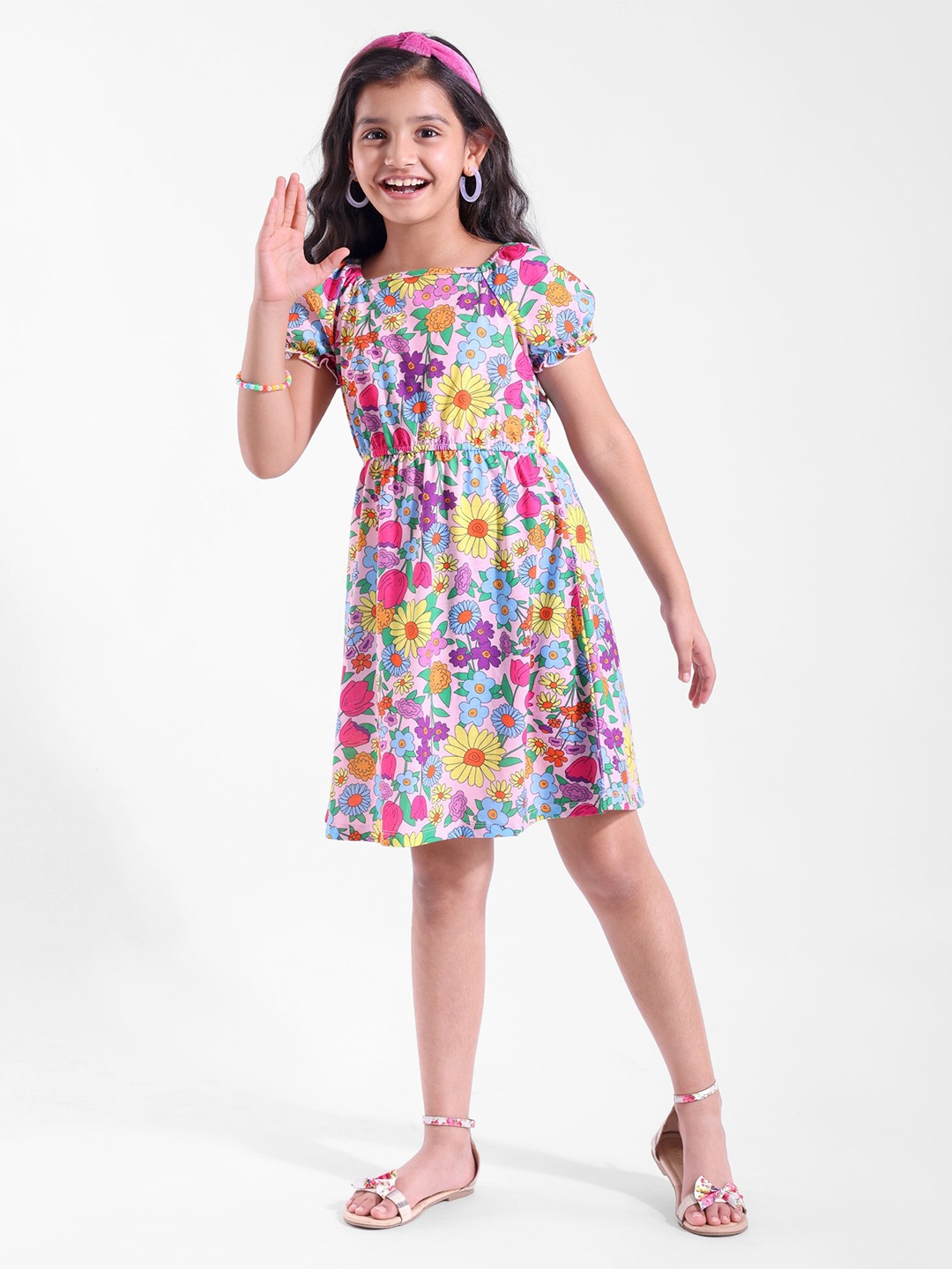 

Hola Bonita Girls Floral Printed Round Neck Flared Fit & Flare Dress, Purple
