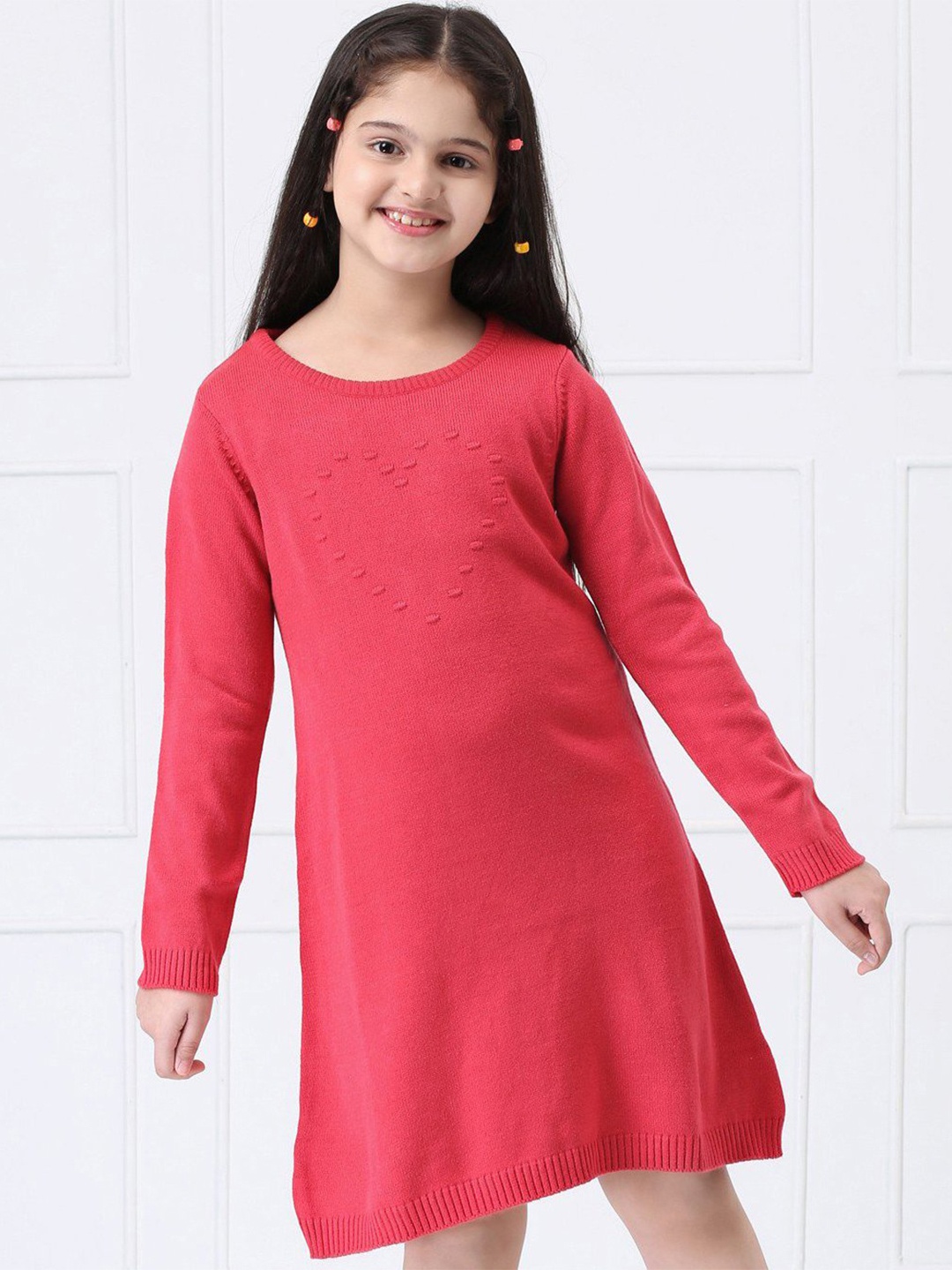 

Hola Bonita Girls Self Design Round Neck Cotton Sweater Dress, Coral
