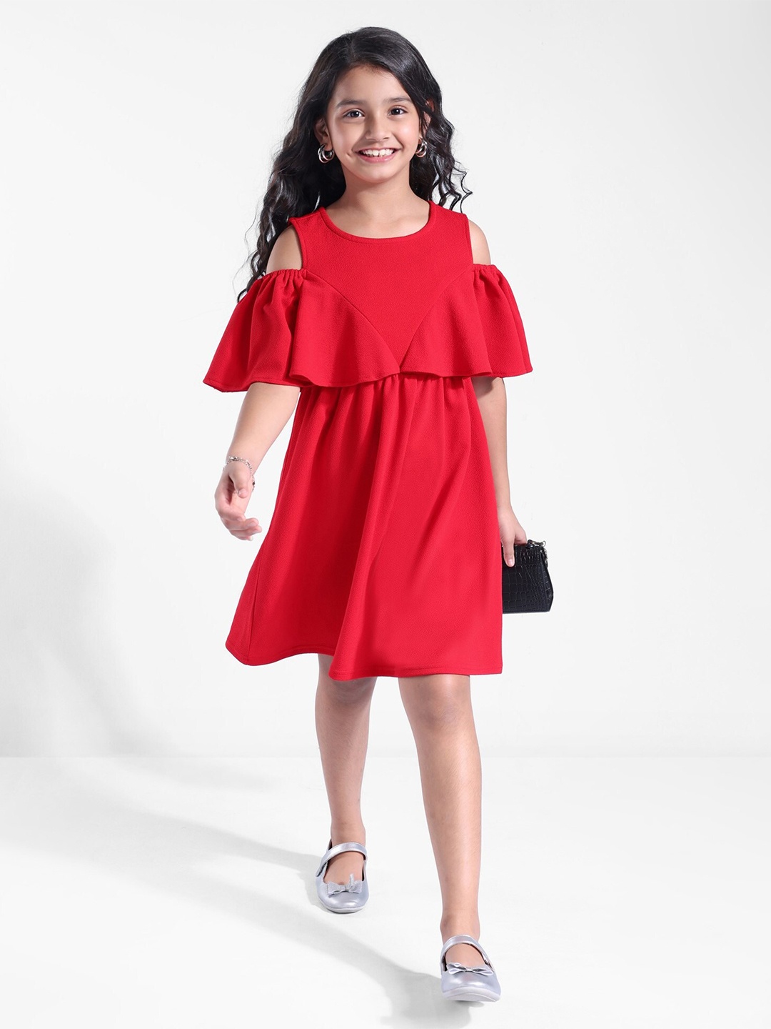 

Hola Bonita Cold-Shoulder Gathered or Pleated Fit & Flare Dress, Red