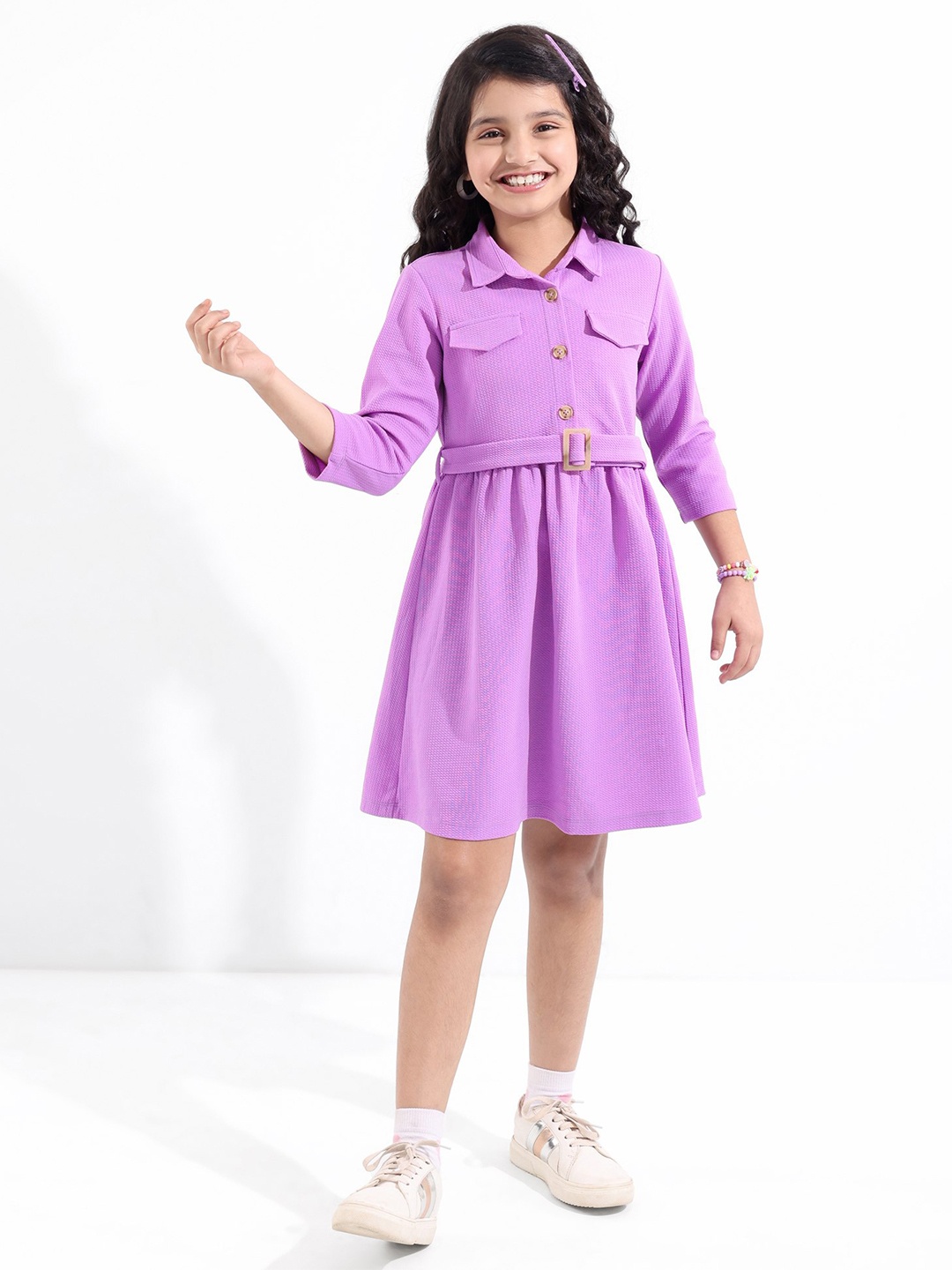 

Hola Bonita Girls Shirt Collar Three-Quarter Sleeves Fit and Flare Dress, Lavender