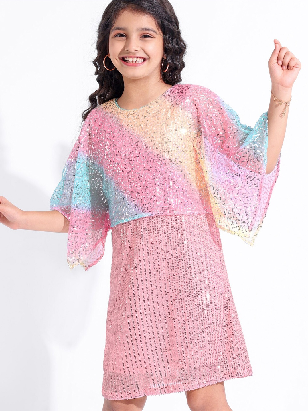 

Hola Bonita Girls Half Sleeves Rainbow Sequin Cape Style Party Dress, Pink