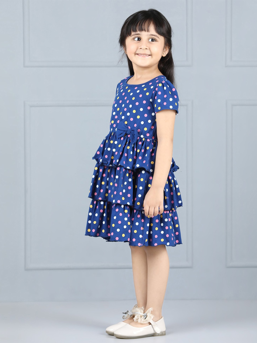 

Hola Bonita Girls Polka Dot Print Round Neck Short Sleeves Fit & Flare Dress, Navy blue