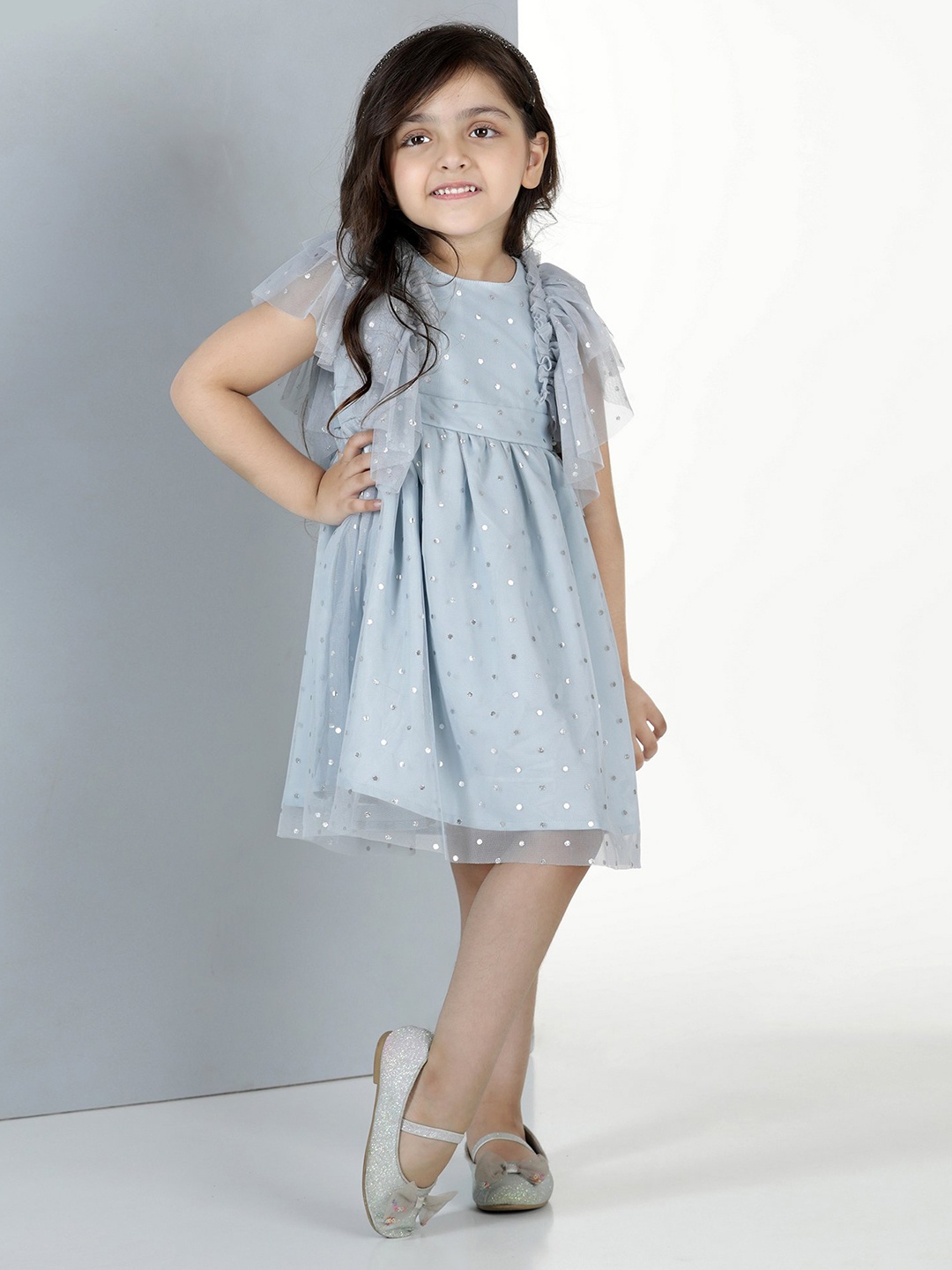 

Hola Bonita Girls Polka Dots Printed Ruffle Sleeves Net A-Line Dress, Grey