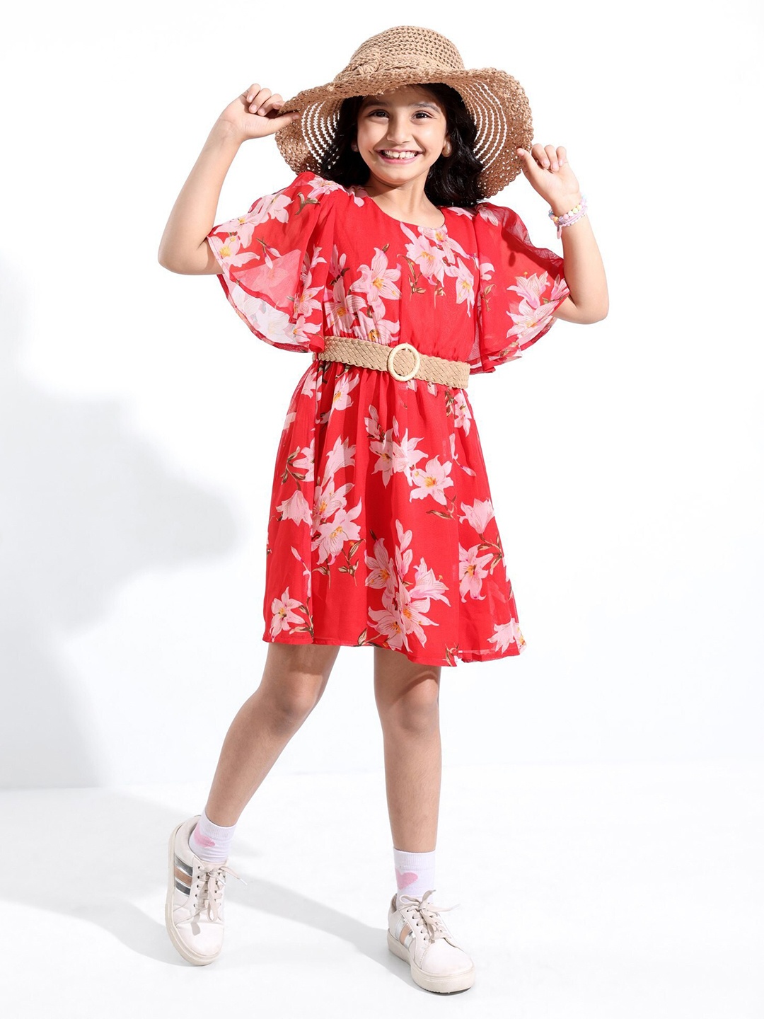 

Hola Bonita Girls Floral Printed Round Neck Belted Georgette Fit & Flare Dress, Red