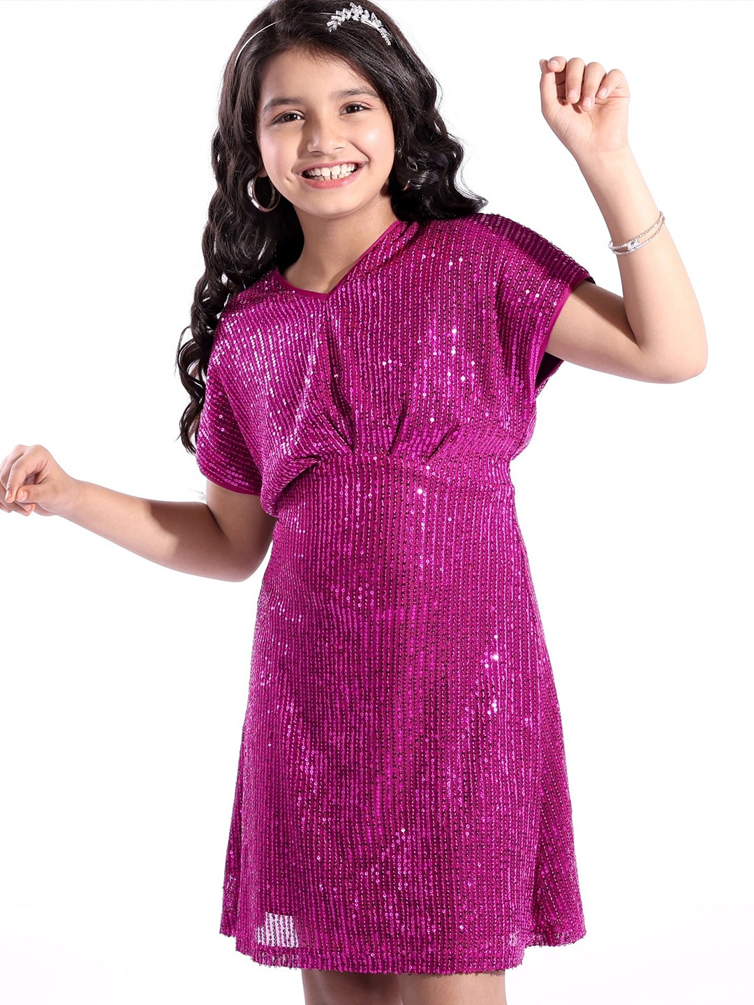 

Hola Bonita Girls Sequin Embellished V-Neck Short Extended Sleeves Net Blouson Dress, Magenta