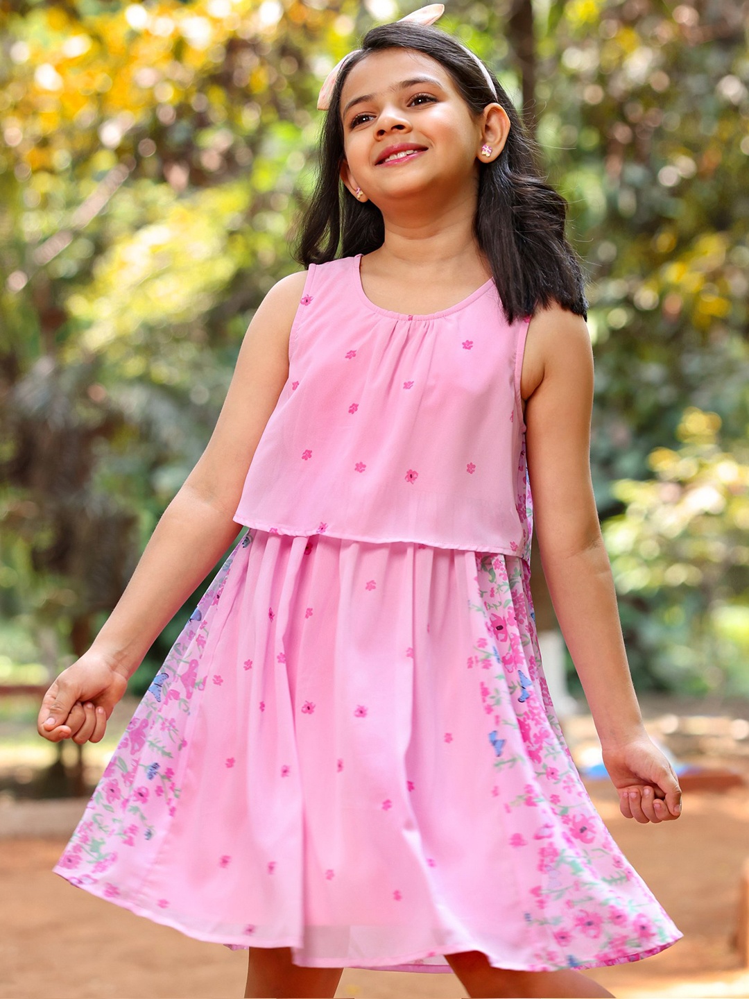 

Hola Bonita Girls Floral Printed Gathered Georgette A-Line Dress, Pink