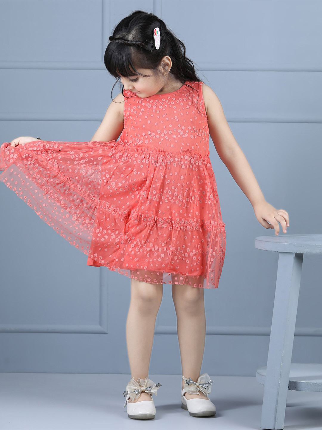 

Hola Bonita Girls Floral Printed Sleeveless Net A-Line Party Wear Dress, Coral