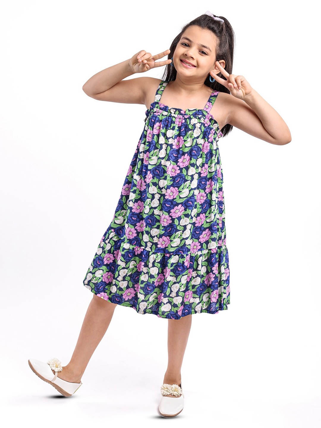 

Hola Bonita Girls Floral Printed Sleeveless A-Line Dress, Navy blue