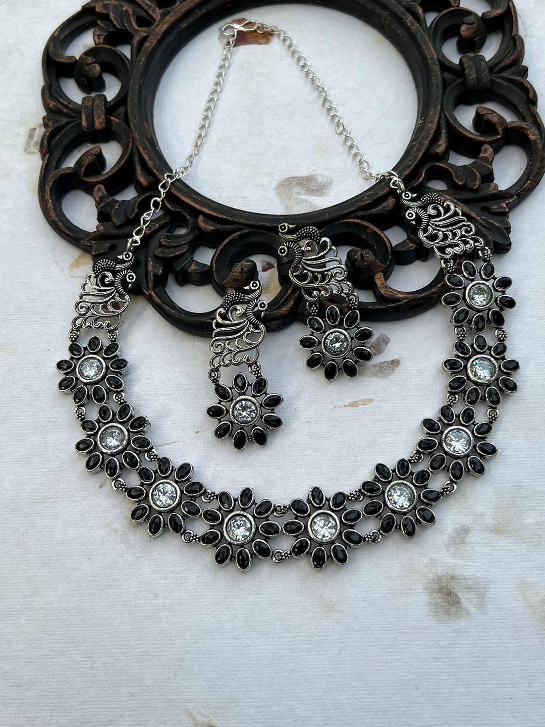 

Prettilicious Silver-Plated German Silver Oxidised Necklace and Earrings, Black