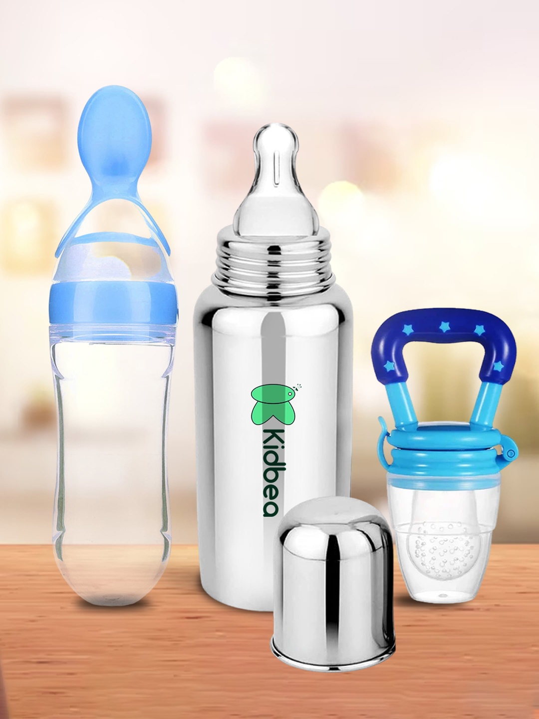 

Kidbea 3 Pcs Leak Proof Food & Fruit Feeder With Feeding Bottle, Blue