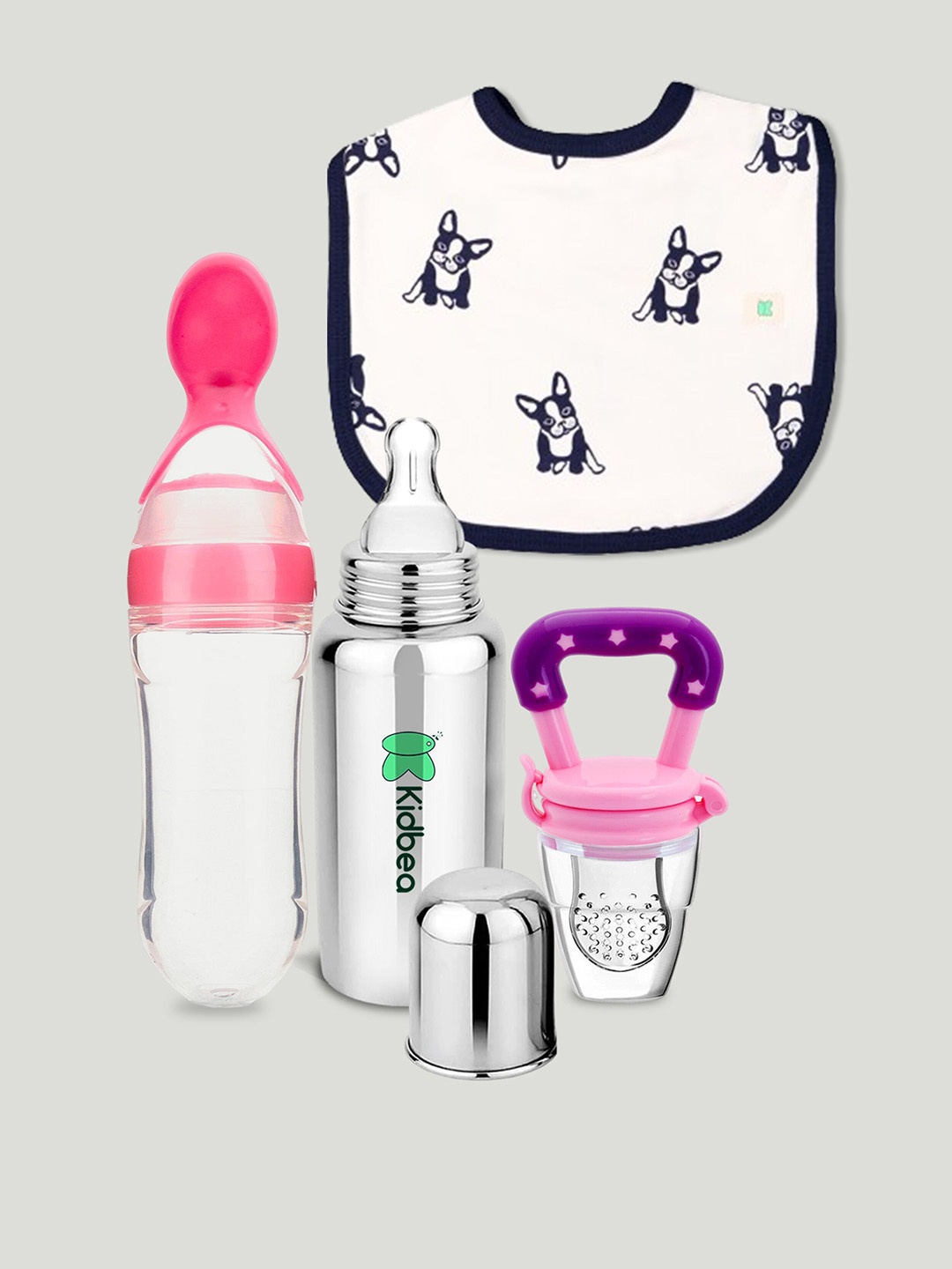 

Kidbea 4 Pcs Leak Proof Food & Fruit Feeder With Feeding Bottle & Bib, Pink