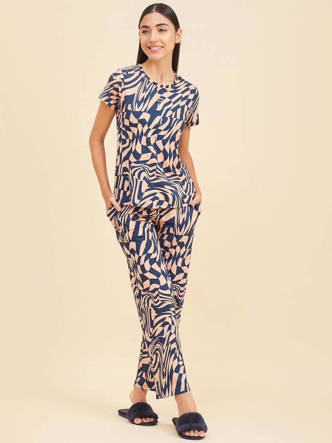 

Sweet Dreams Abstract Printed Round Neck Night suit, Navy blue