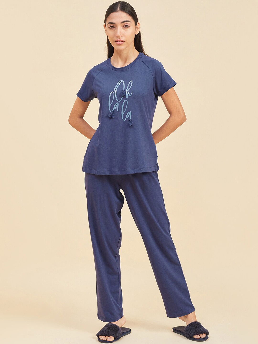 

Sweet Dreams Typography Printed Round Neck Night suit, Navy blue