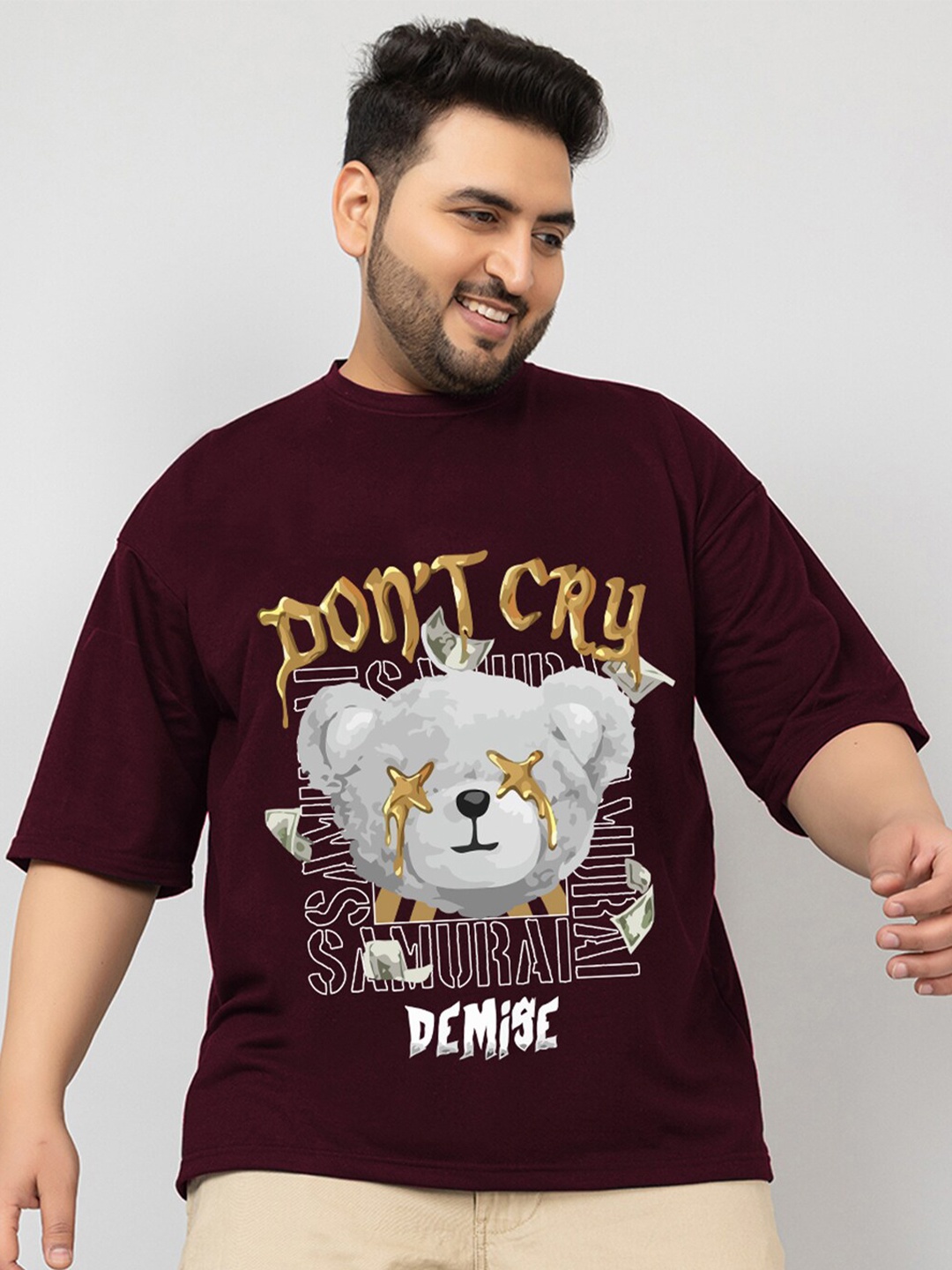 

CHKOKKO Plus Graphic Printed Drop-Shoulder Sleeves Oversized Cotton Casual T-shirt, Purple