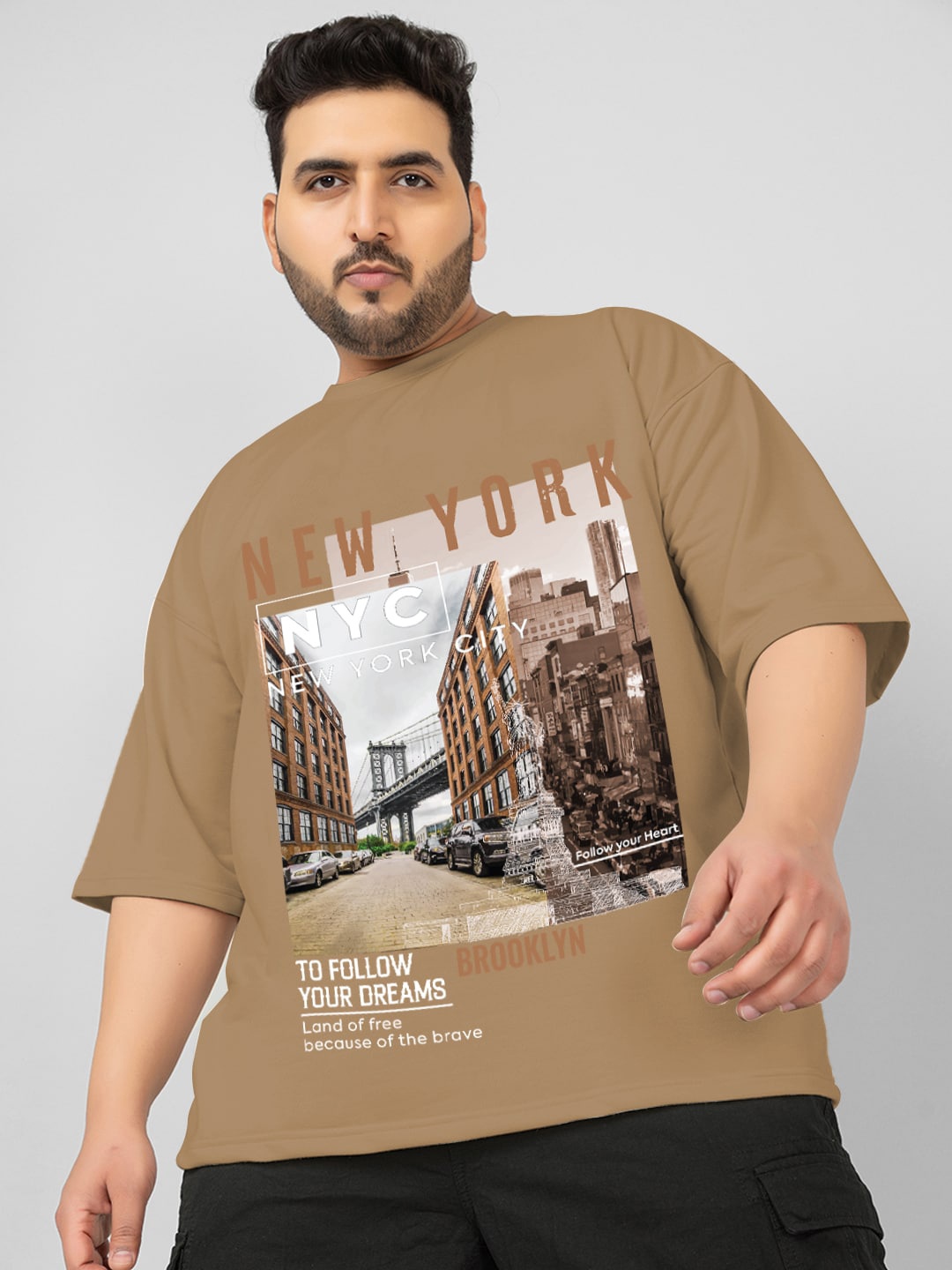 

CHKOKKO Graphic Printed Drop-Shoulder Sleeves Oversized Cotton Casual T-shirt, Khaki