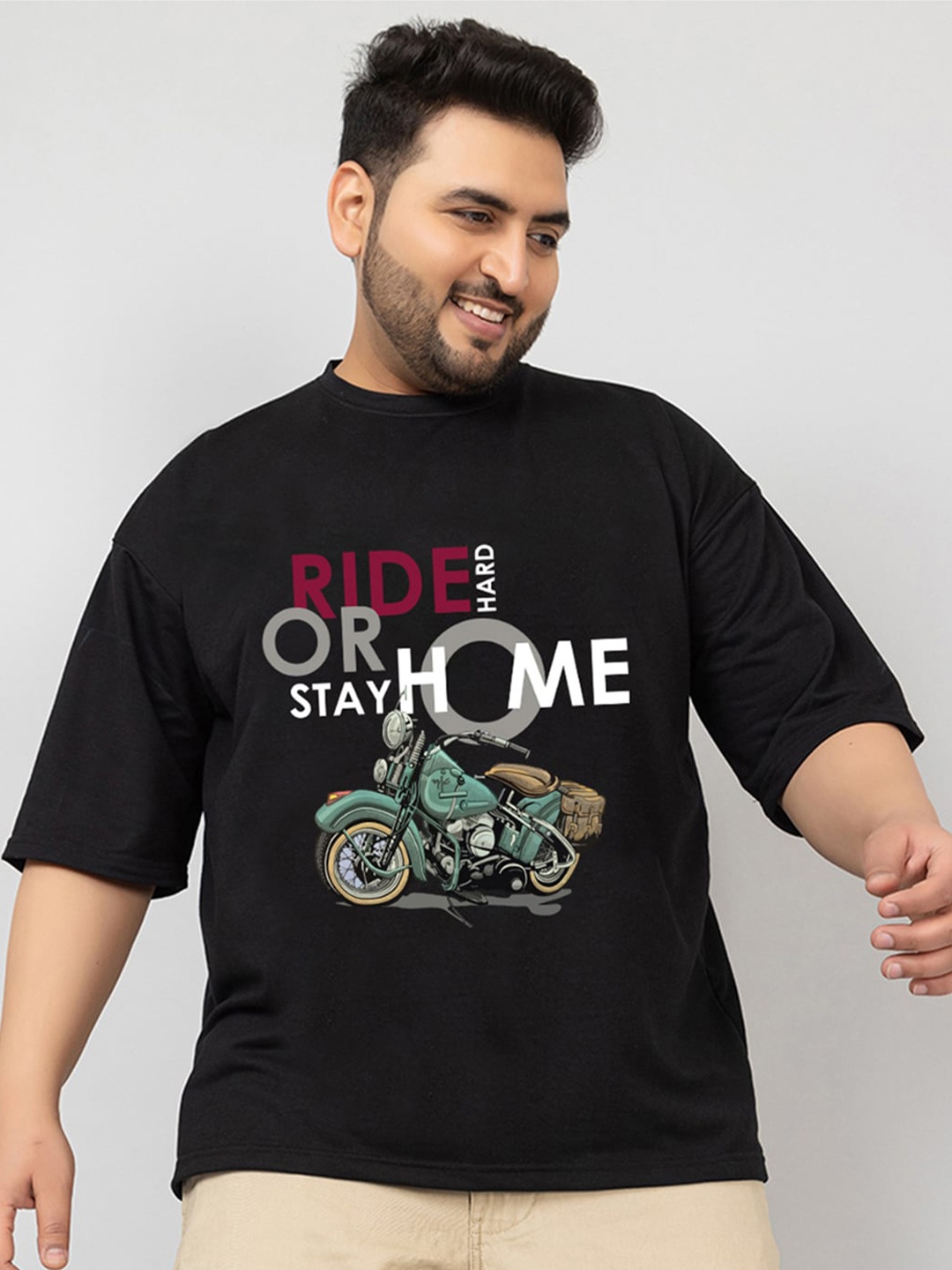 

CHKOKKO Biker Printed Drop-Shoulder Sleeves Oversized Cotton Casual T-shirt, Black