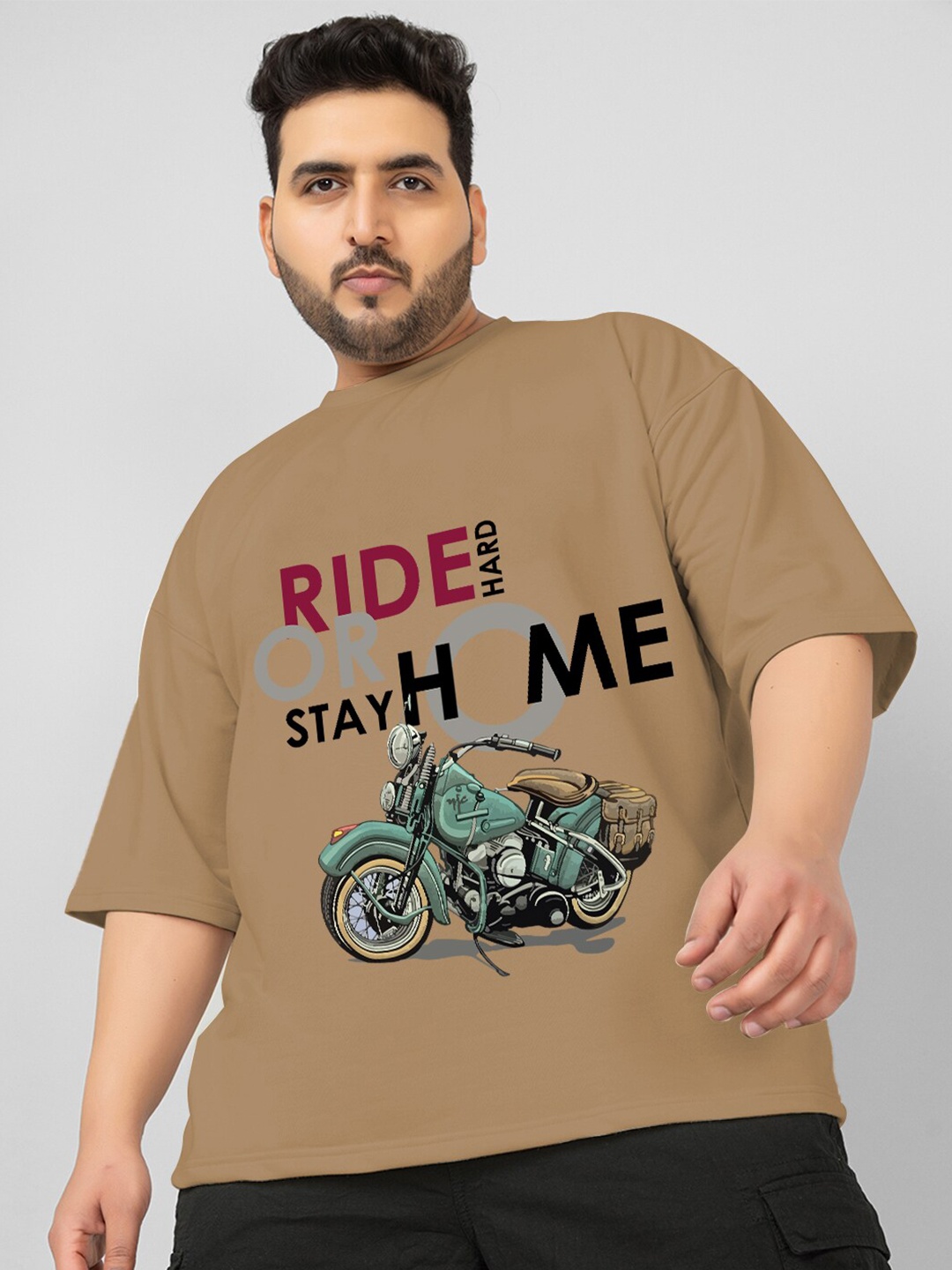 

CHKOKKO Biker Printed Round Neck Oversized Cotton Casual T-shirt, Khaki