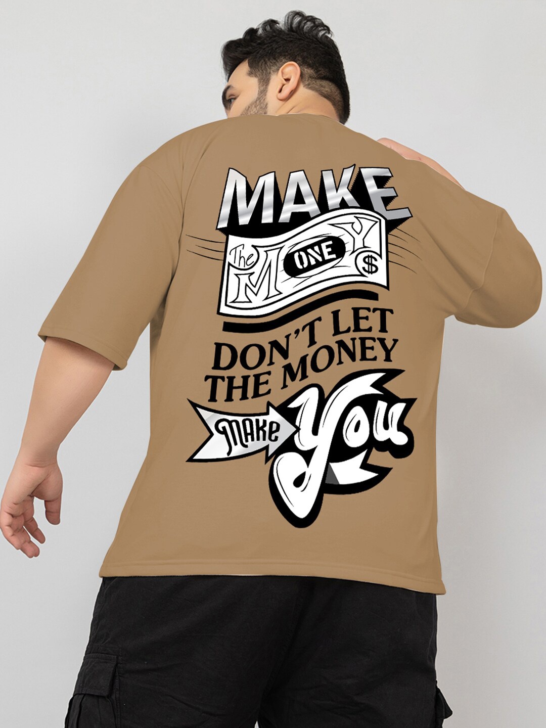 

CHKOKKO Typography Printed Oversized Pure Cotton Casual T-shirt, Khaki